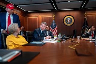 US President Donald Trump holds a meeting with White House Chief of Staff Susie Wiles, Chairman of the Joint Chiefs of Staff General Dan Caine and other cabinet members in the Situation Room at the White House in Washington, D.C., U.S. June 21, 2025